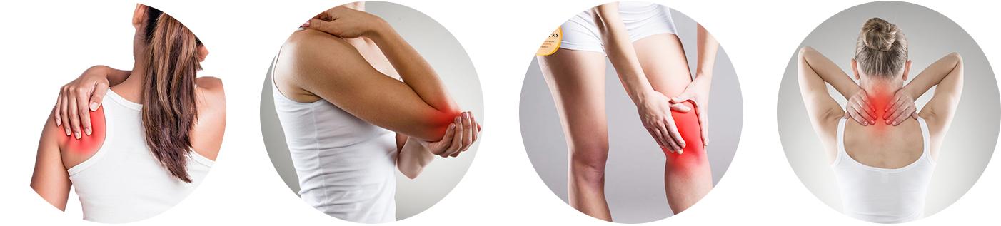 Woman in a white shirt and shorts touching red pain trigger points on her shoulder, elbow, knee, and neck, highlighting common areas for pain management treatment.